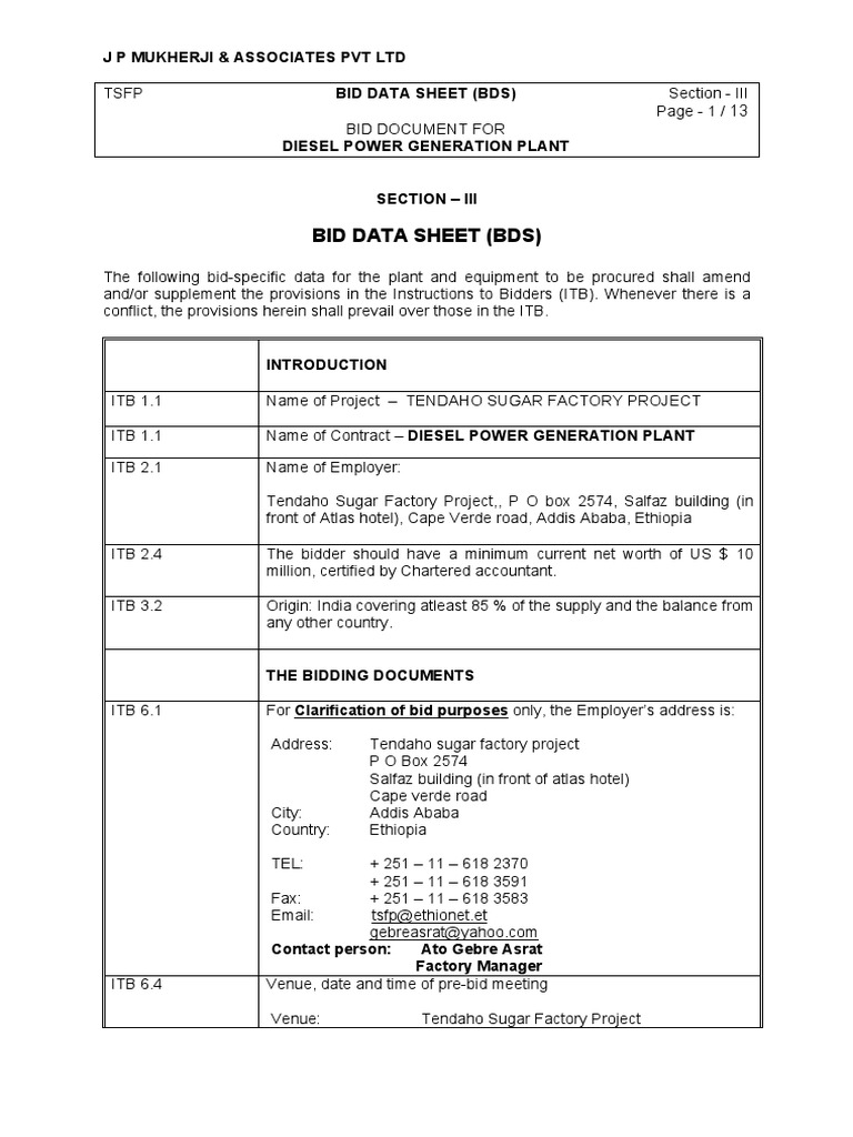 J P Mukherji & Associates PVT LTD Bid Data Sheet (BDS) | PDF ...