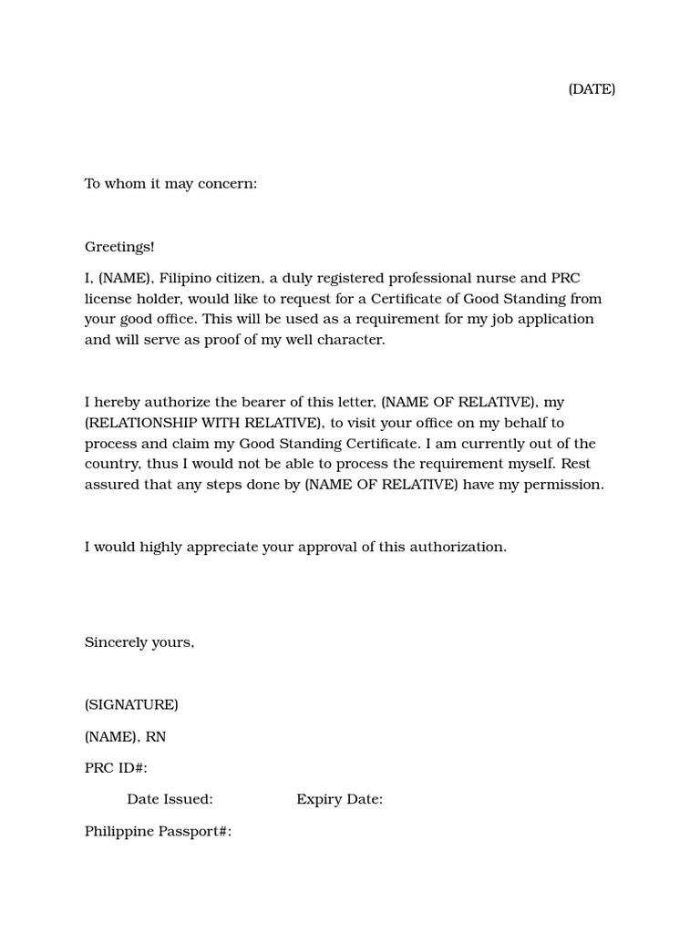 PRC Good Standing Authorization Sample from Abroad