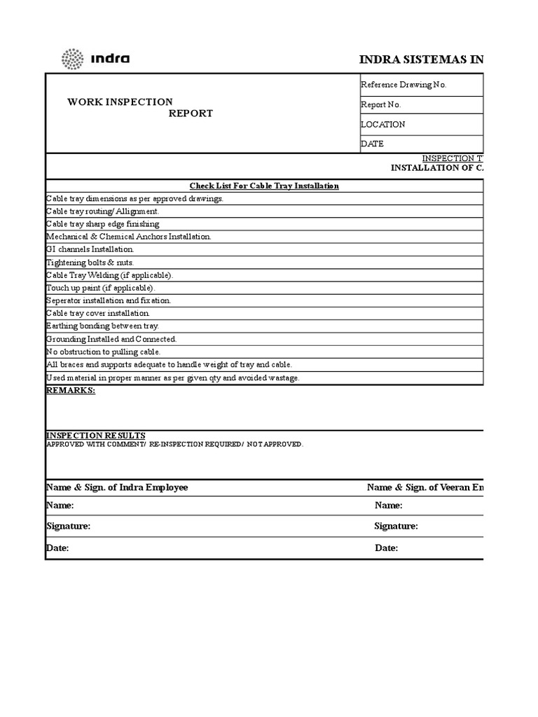 Cable Tray Installation Quality Control and Inspection Report Form