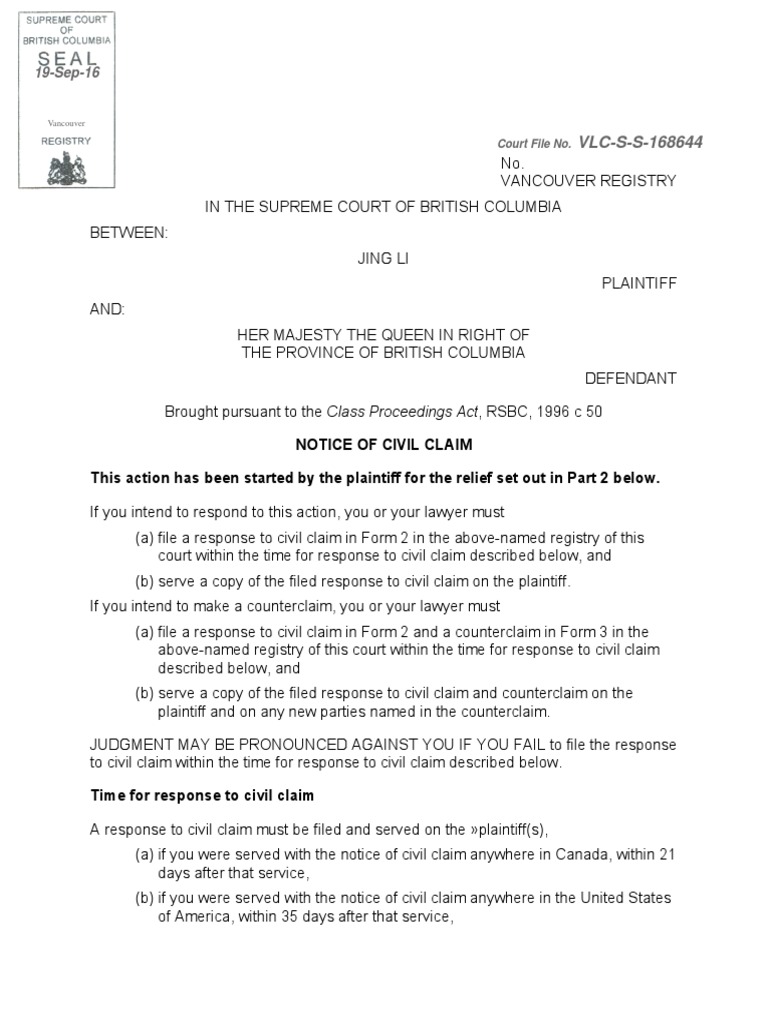 Notice of Civil Claim BC Foreign Buyer Tax Eminent Domain Property Tax