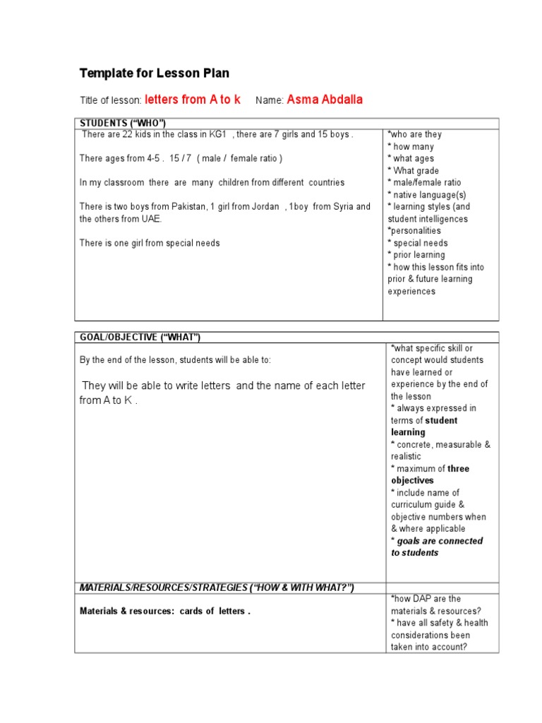 Lesson Plan: Letters A to K for KG1 | PDF | Lesson Plan | Special Education