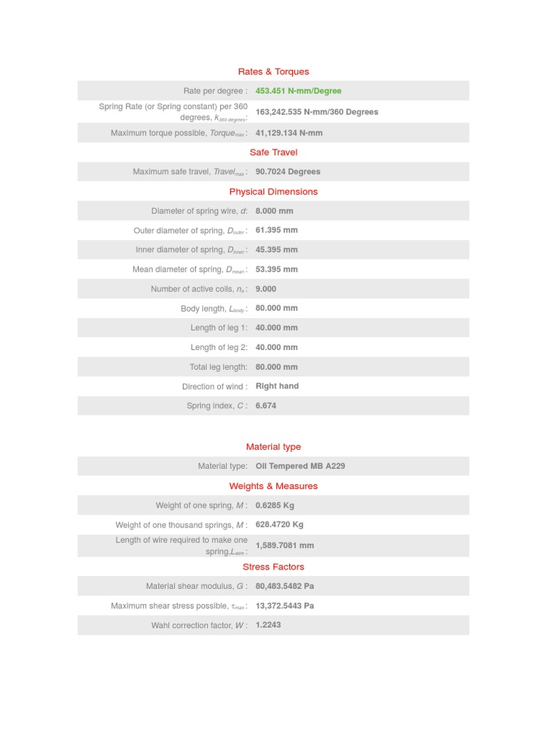 Spring Torque and Rate Specifications | PDF