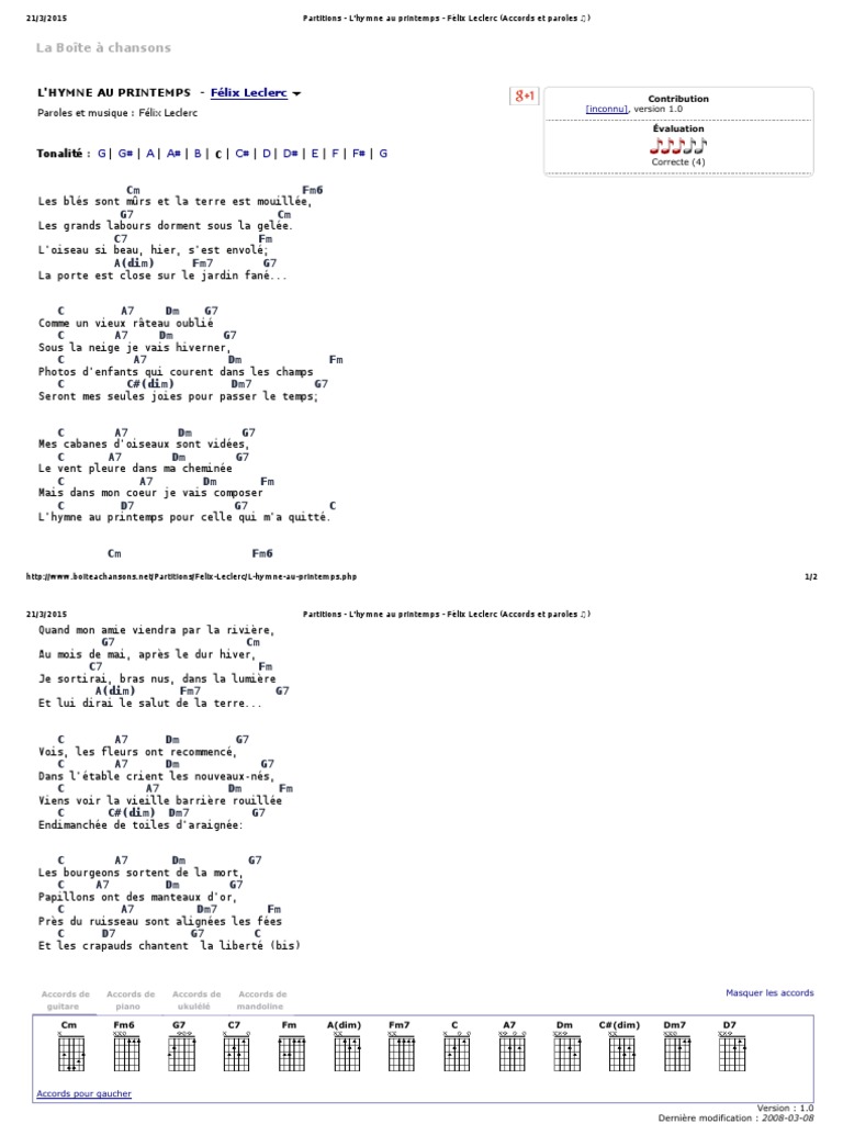 Le Sud Paroles Et Accords Partitions - L'hymne au printemps - Félix Leclerc (Accords et paroles ♫)