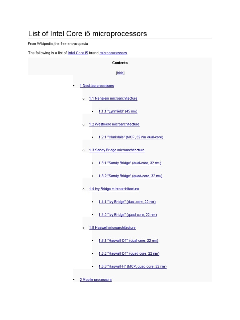 List of Intel Core I5 Microprocessors PDF Computer Companies Of The