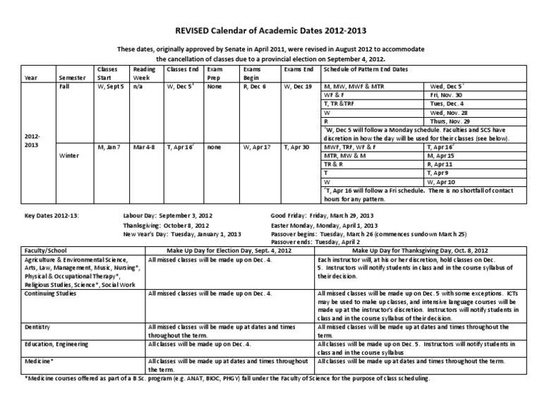 REVISED Calendar of Academic Dates 20122013 PDF Academic Term