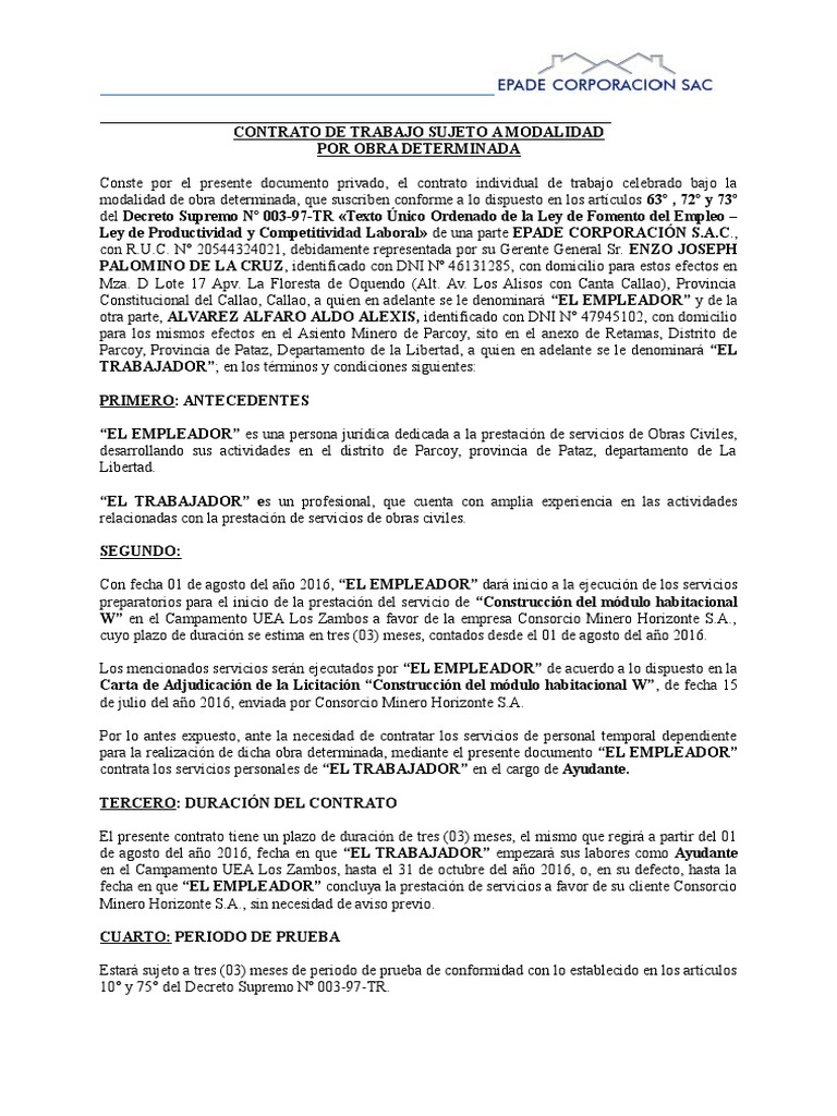 Contrato De Trabajo Por Obra Determinada Epade Pdf Derecho