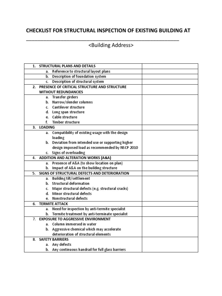 Structural Inspection Checklist for Buildings | PDF | Science ...