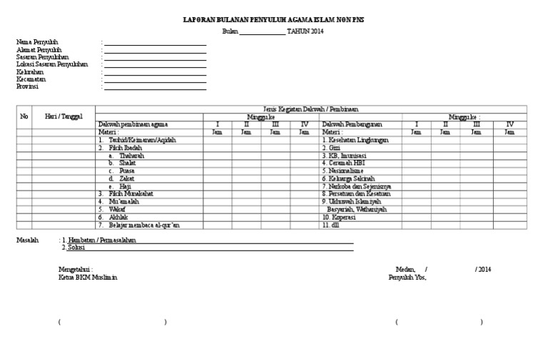 Contoh Laporan Bulanan Penyuluh Agama Islam