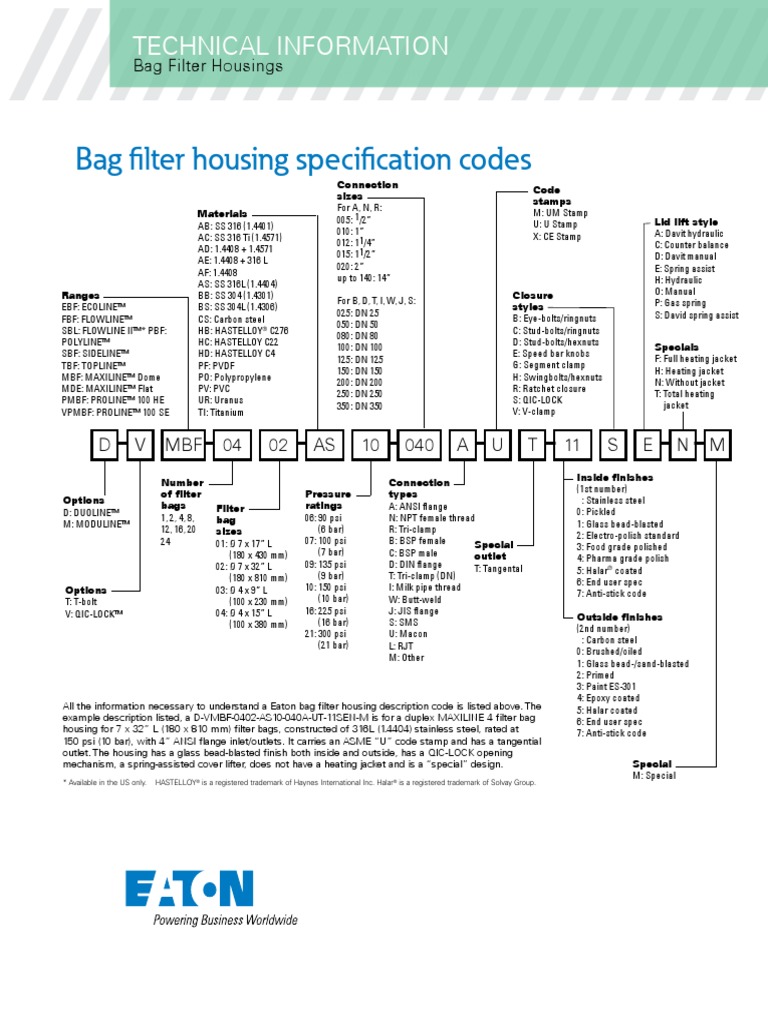Eaton Bag Filter Housing Specification Codes TechnicalDataSheet US