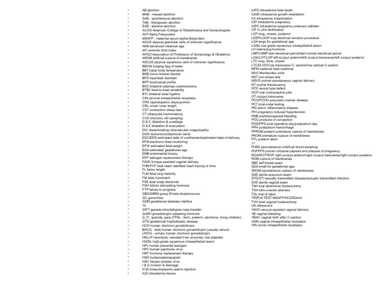 OBGYN Abbreviations PDF Gonadotropin Human Chorionic Gonadotropin