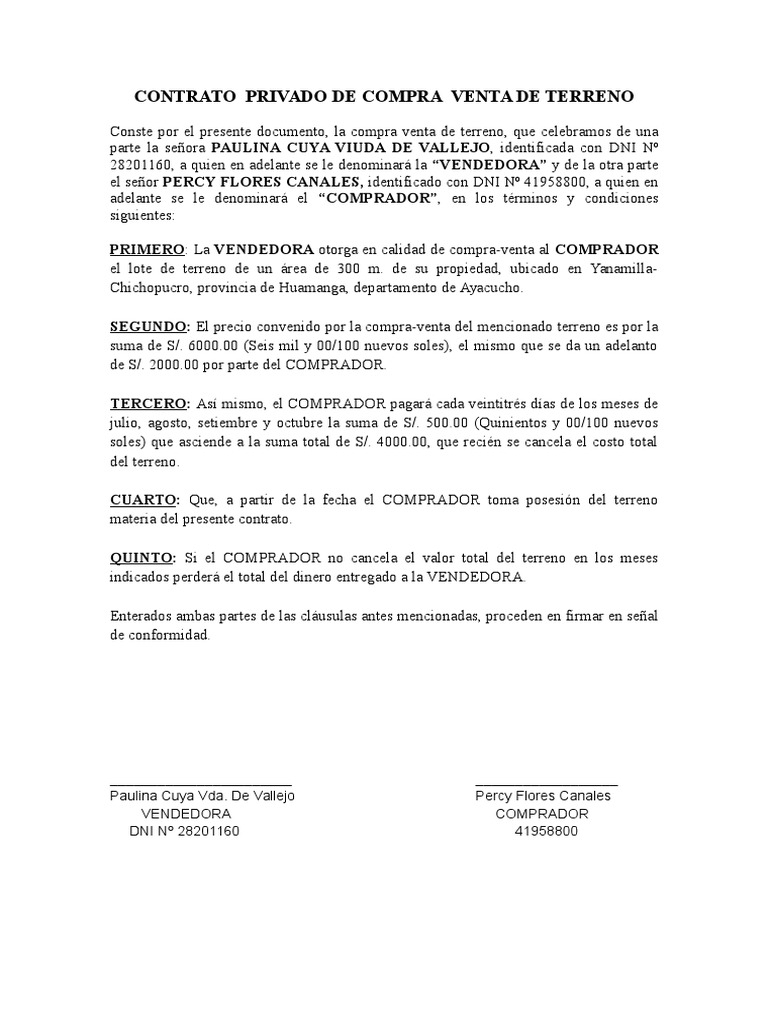 Contrato Privado de Compra Venta de Terreno Gobierno