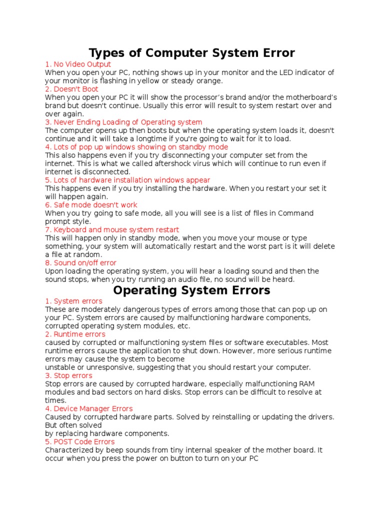 Types of Computer System Error | PDF | Computer Hardware | Operating System