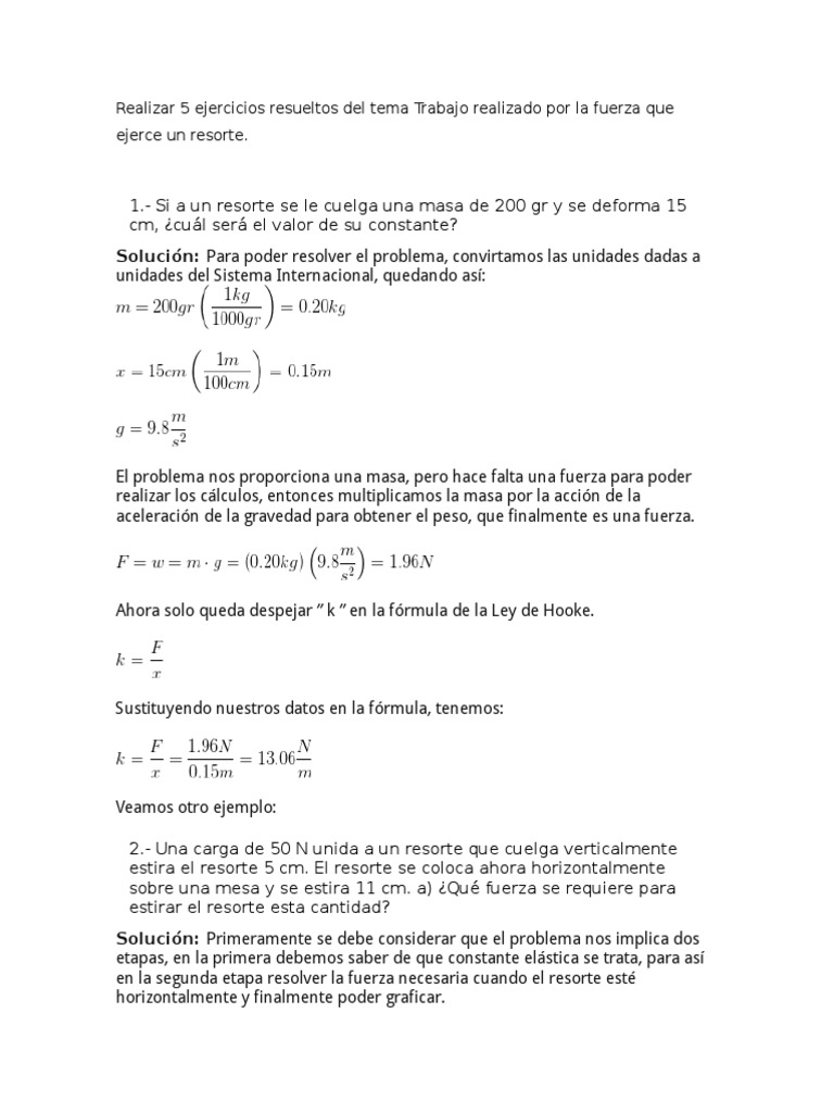 Ejemplos Resueltos de La Ley de Hooke Masa Fuerza