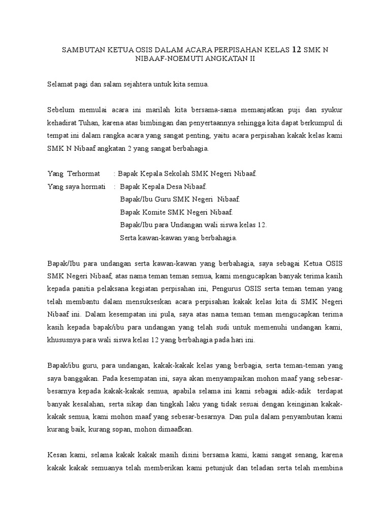 Kata Sambutan Ketua Osis Dalam Acara Perpisahan Kelas 12 Sma