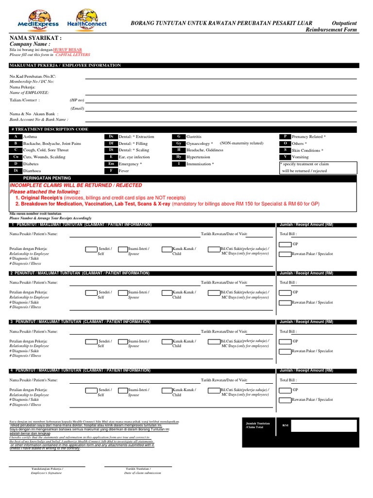 Reimbursement Claim Form Outpatient Epidemiology Medicine