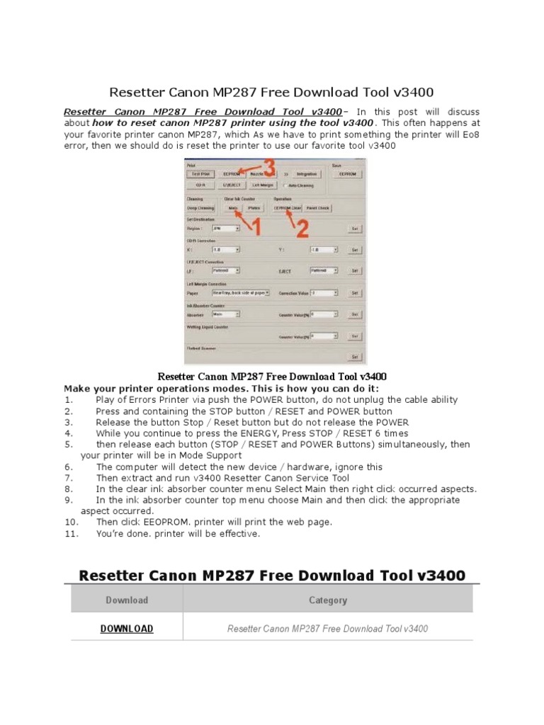 Resetter Canon MP287 Free Download Tool v3400 PDF Printer