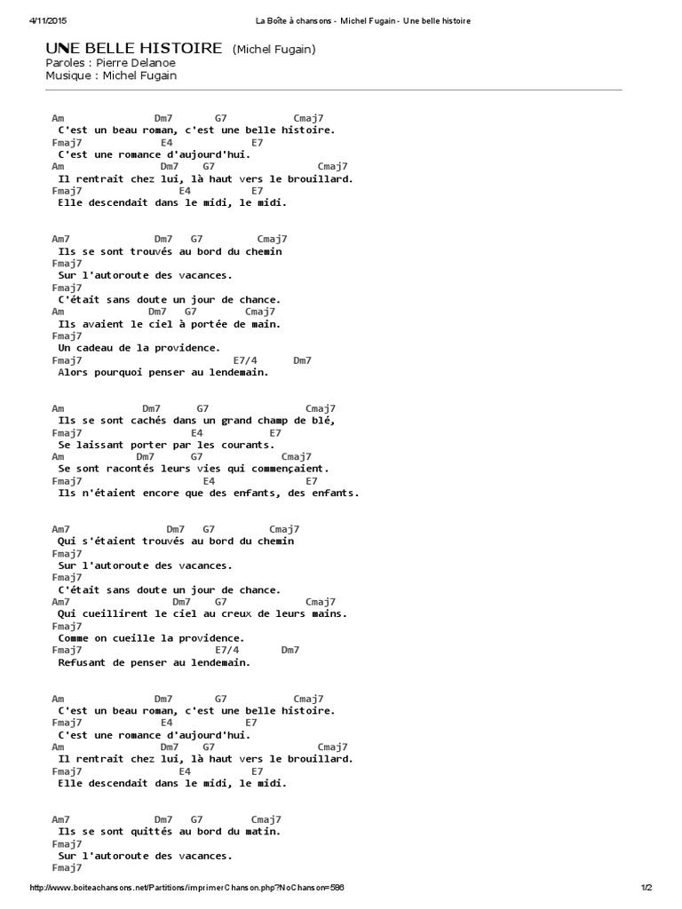 Michel Fugain Une Belle Histoire Chords Aperçu Historique