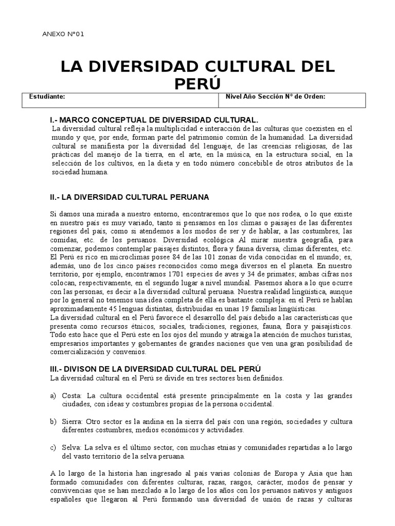 Ficha La Diversidad Cultural | PDF | Diversidad cultural | Perú