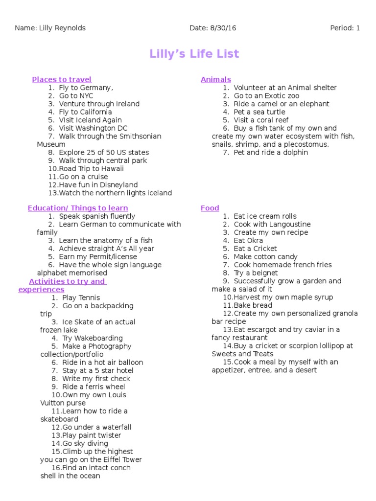 Lifelisttemplate-Lillianreynolds 1 | PDF