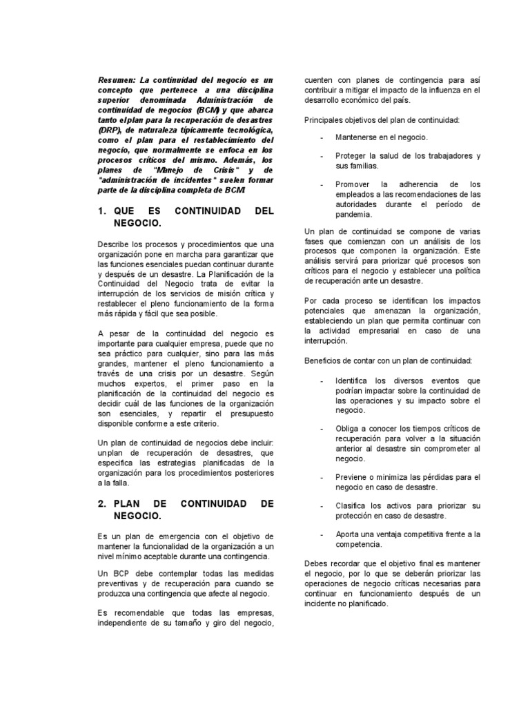 Planificación de Continuidad del Negocio | PDF | Continuidad del ...