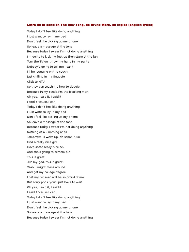 Bruno Mars The Lazy Song Letra Tradução