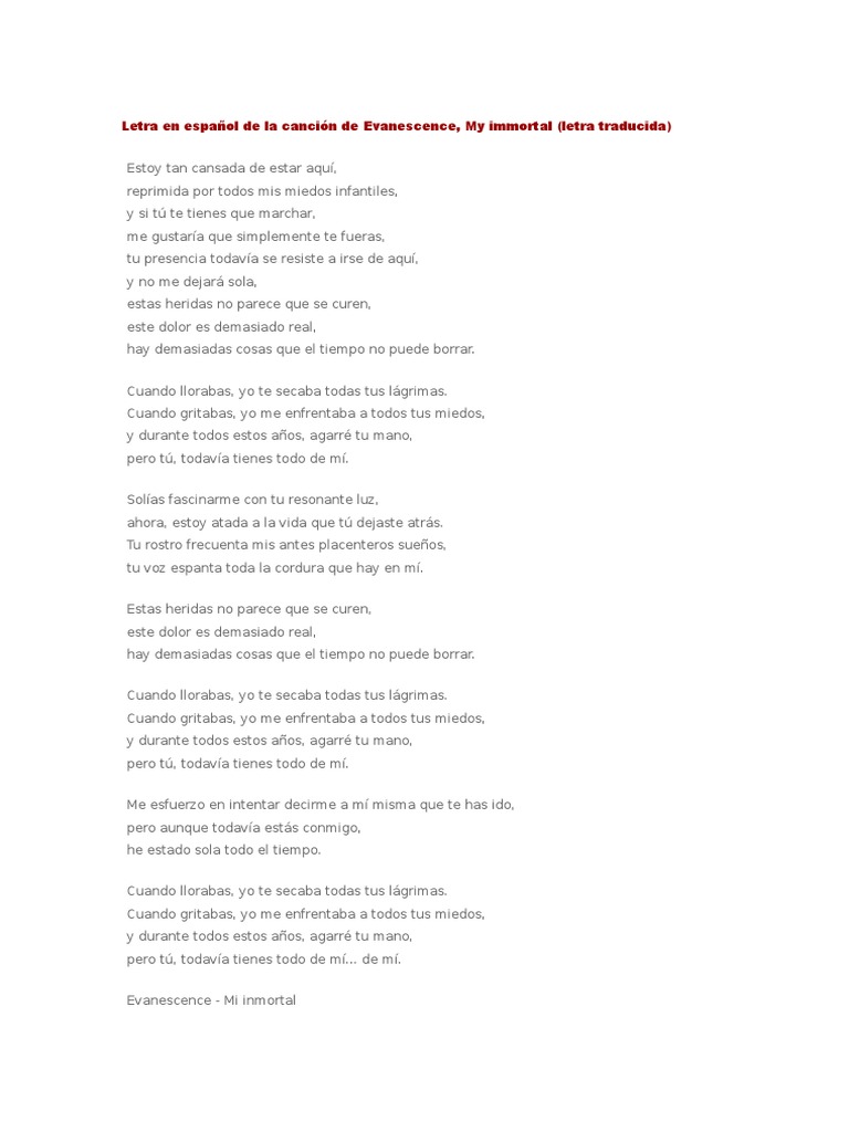 My Immortal Letra my immortal letra