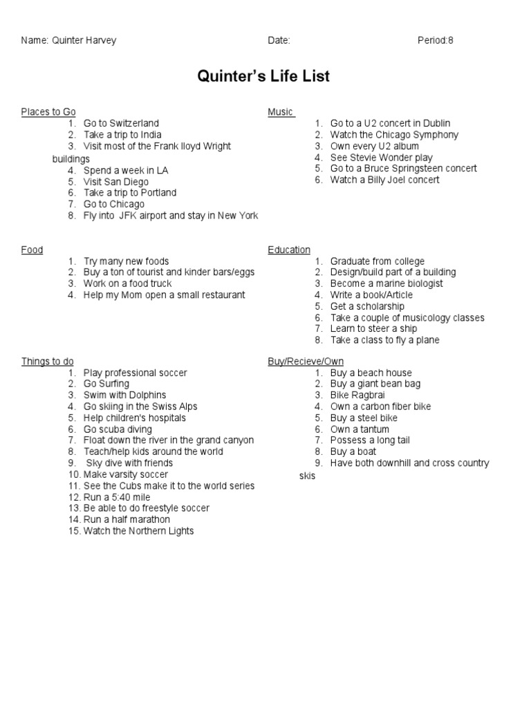 Lifelisttemplate Quinterharvey | PDF | Sports | Entertainment (General)