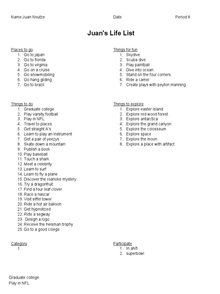 Lifelisttemplate Juanneutze | PDF | Language Arts & Discipline ...