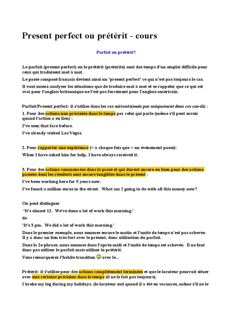 Cours D Anglais Preterit Et Present Perfect Regles Onomastique