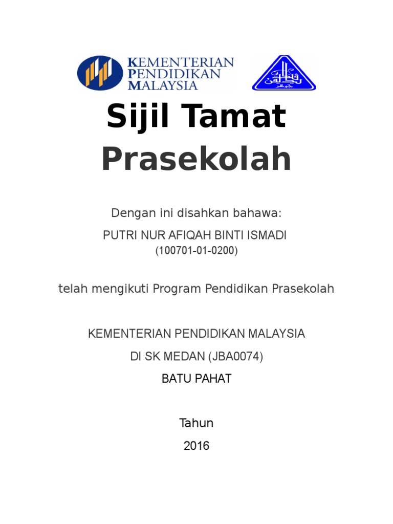 Sijil Tamat Prasekolah | PDF