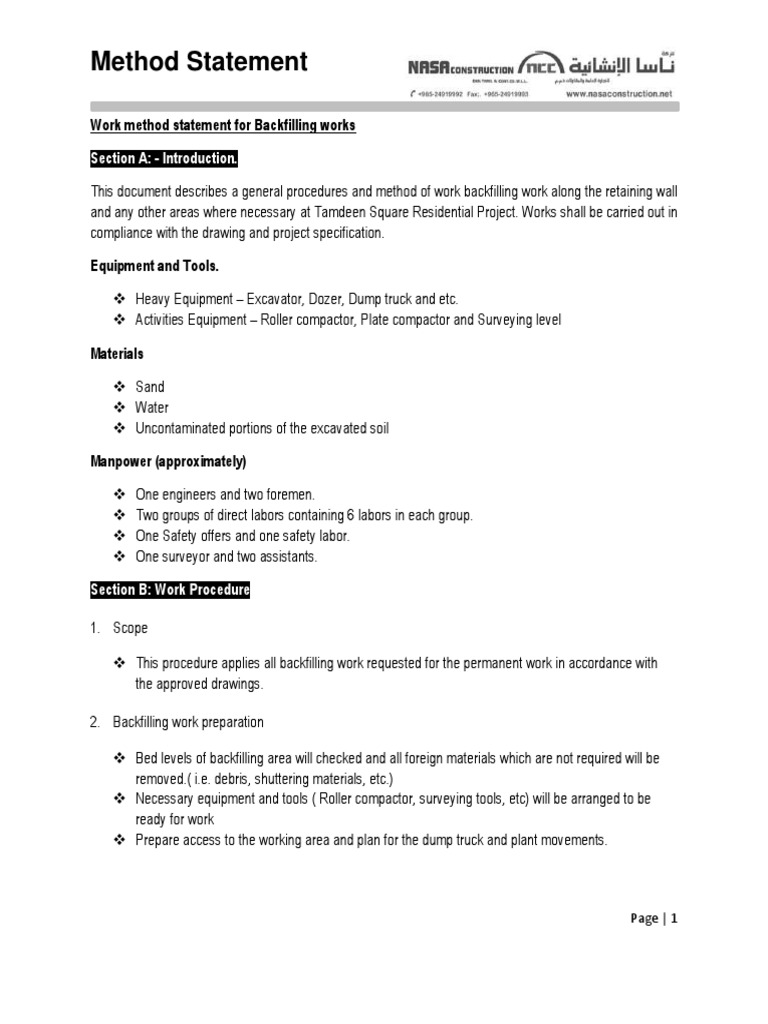 Method Statement for Backfilling Works Industries Engineering