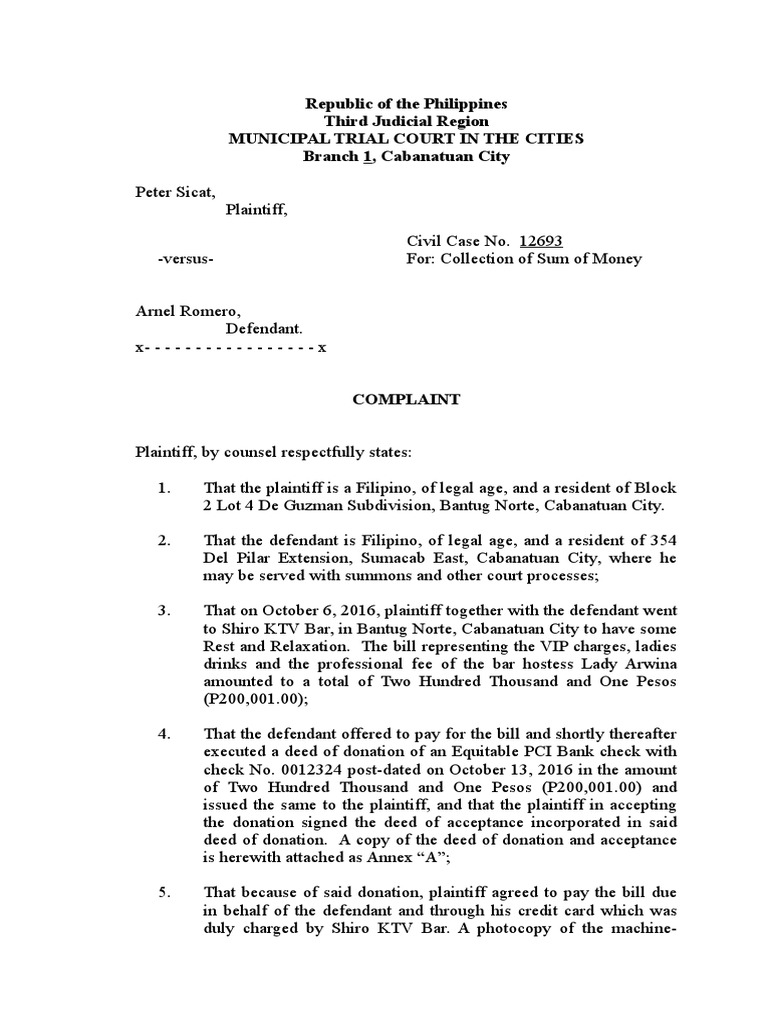 Complaint For Collection of Sum of Money | PDF | Cheque | Complaint