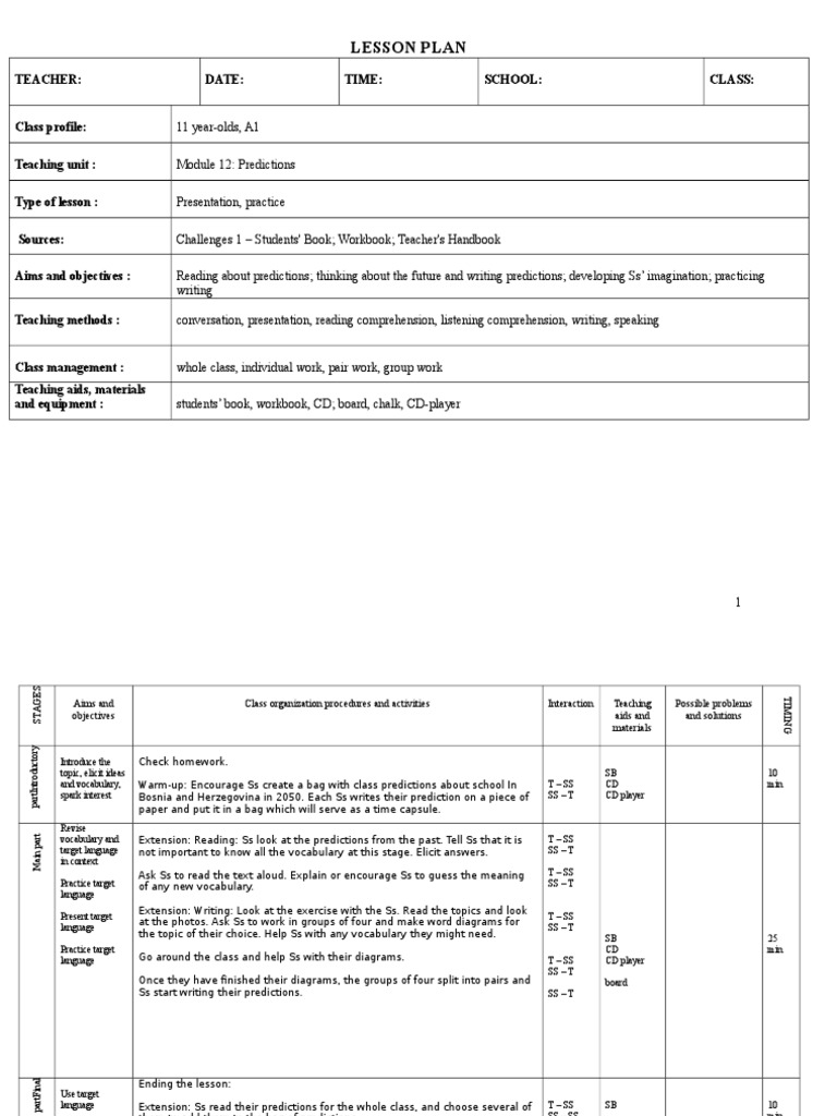 Lesson Plan: Teacher: Date: Time: School: Class | PDF | Language Arts ...
