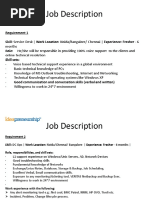 Job Description L1 Technical Support Information Technology