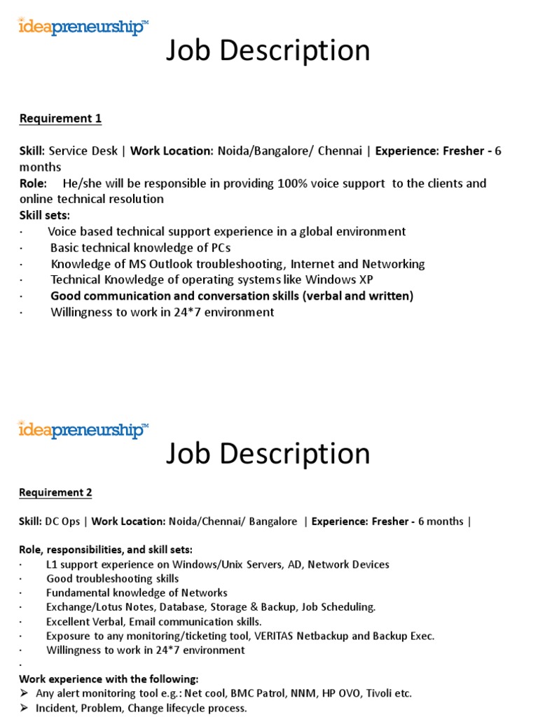 Job Description L1 Pdf Technical Support Information Technology