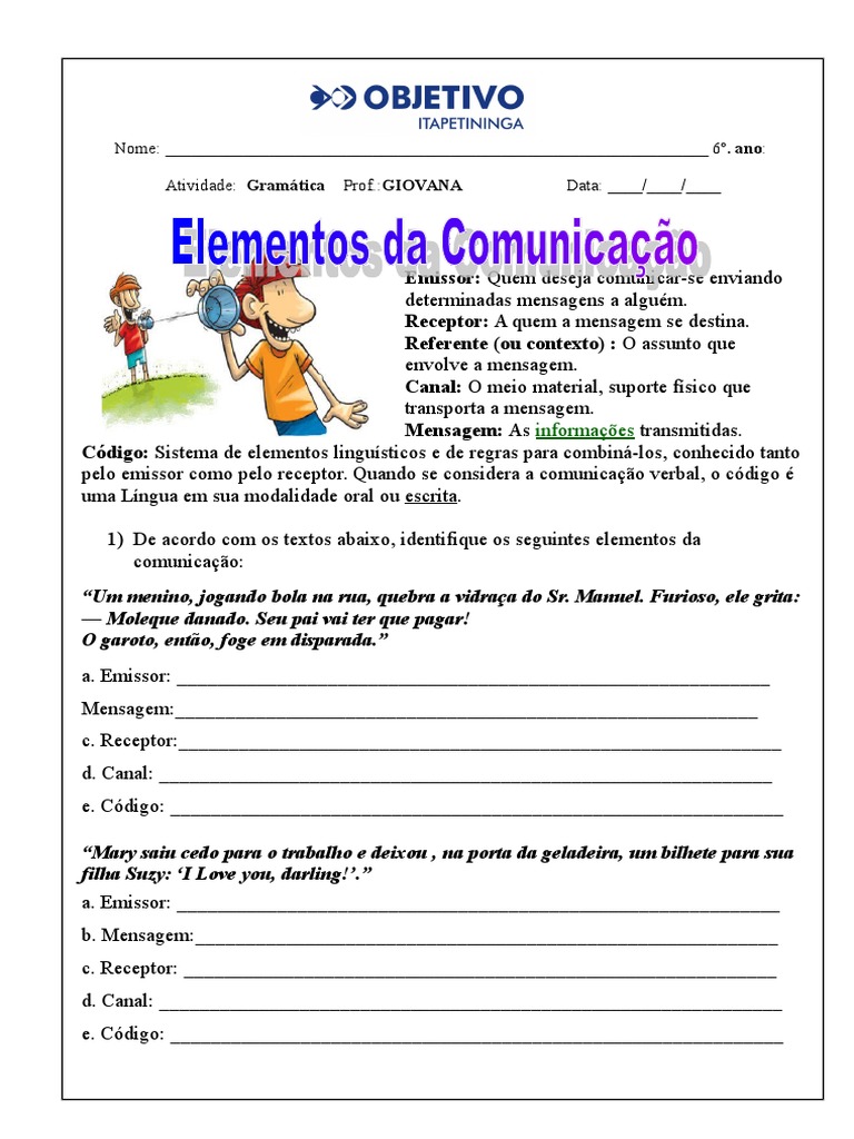 Atividades sobre Elementos da Comunicação | PDF | Artes Linguísticas e ...