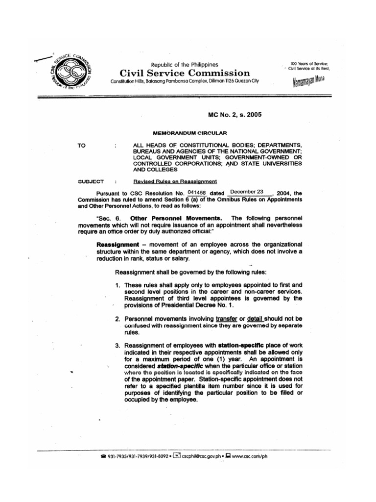 CSC - 2005, MC No. 2, S. 2005 - Revised Rules On Reassignment | PDF
