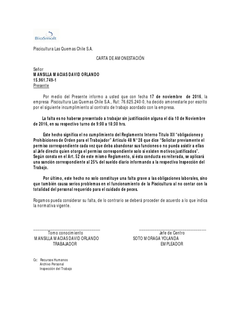 Carta De Amonestacion Por Faltar Un Dia Chile Compartir Carta Images
