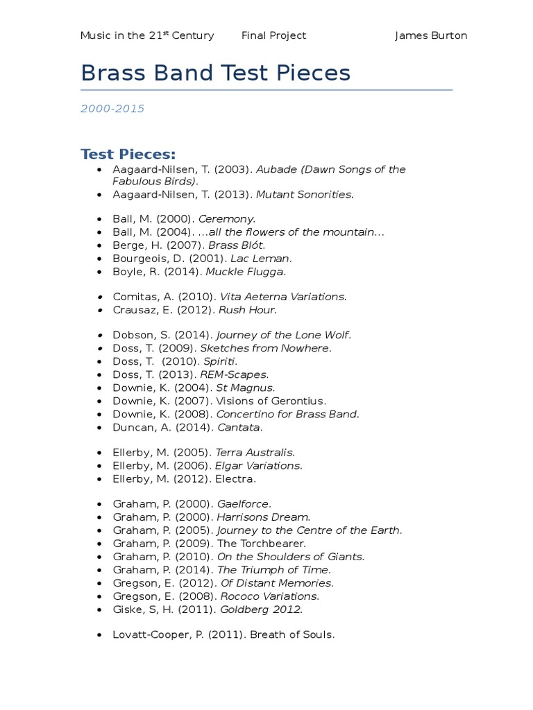 Brass Band Test Pieces List Entertainment (General)