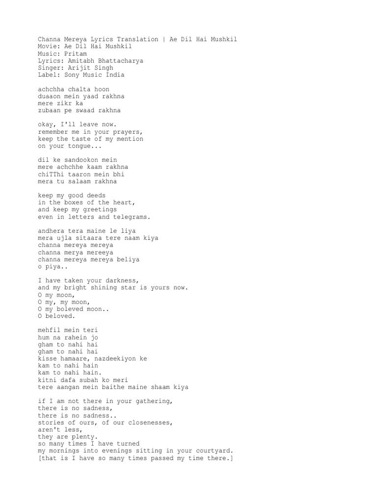 Channa Mereya Lyrics Translation Ae Dil Hai Mushkil Pdf Cinema Of India Popular Music