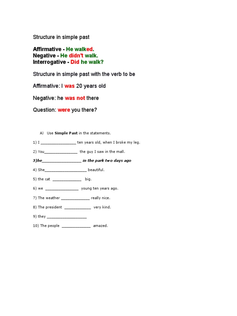 Affirmative - Negative - Interrogative - : Structure in Simple Past | PDF