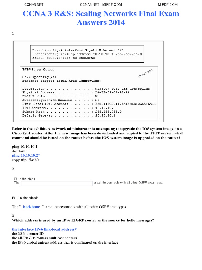 CCNA 3 R&S Final Exam v5.0 PDF | PDF | Computer Network | Network Switch