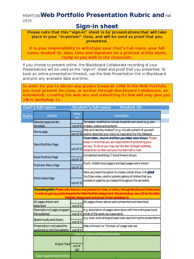 Web Portfolio Presentation Rubric and Sign-In Sheet | PDF