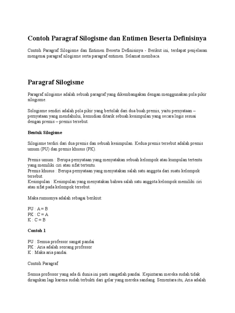 Contoh Paragraf Silogisme Dan Entimen Beserta Definisinya