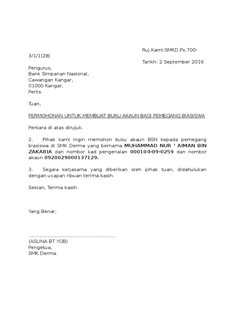 Surat Hilang Buku Akaun & Mohon Kad Atm | Pdf