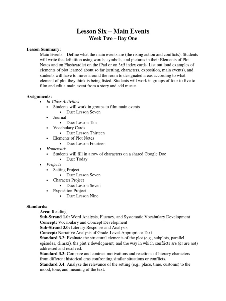 Main Events Lesson Plans PDF Collaboration Plot (Narrative)
