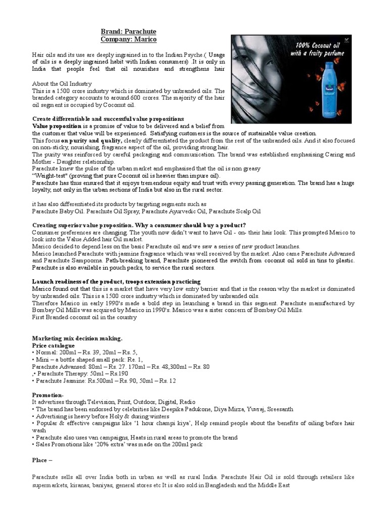 Brand Parachute Company Marico Promise Value Customer PDF Retail