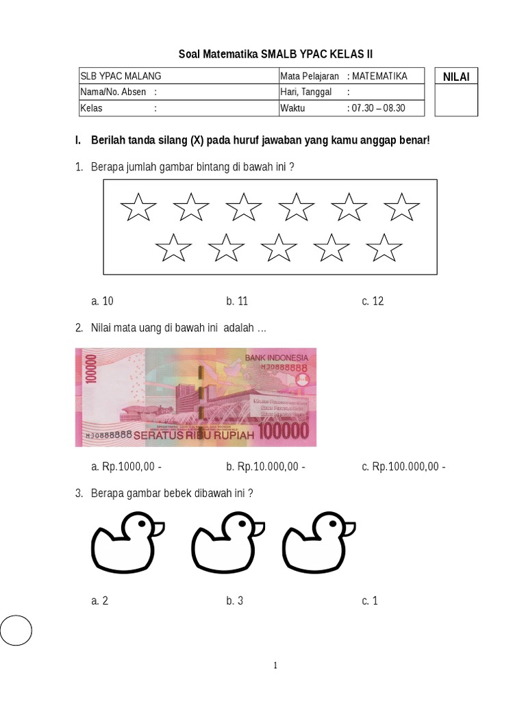 soal latihan matematika dan kunci  jawaban untuk sd kelas  1 doc