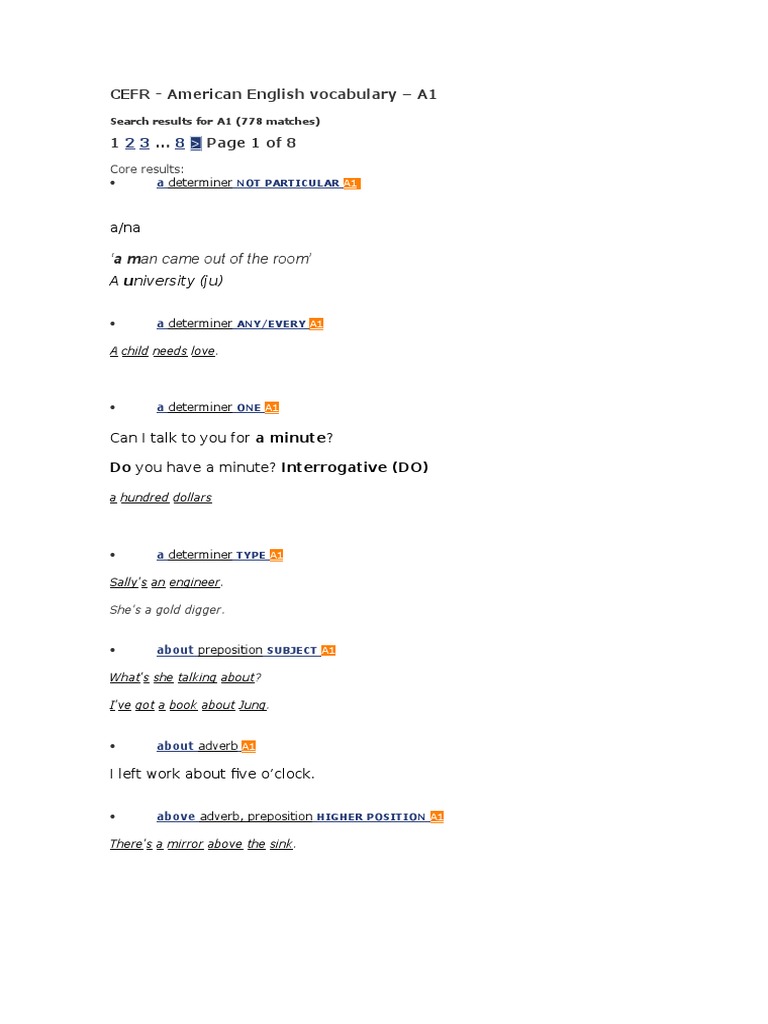A1 American English Vocabulary Guide | PDF | Verb | Adjective