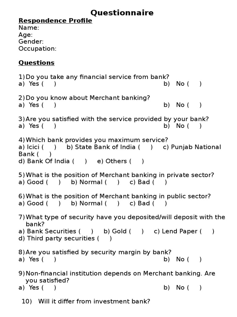 Questionnaire Merchant Banking | PDF | Finance & Money Management